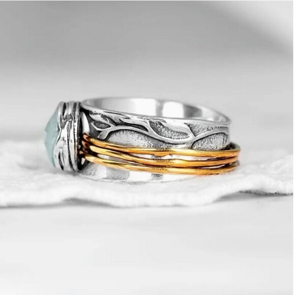 Aquamarine Two-Tone Wide Statement Ring - Vintage-Inspired Style - Size 8 - Picture 3 of 4